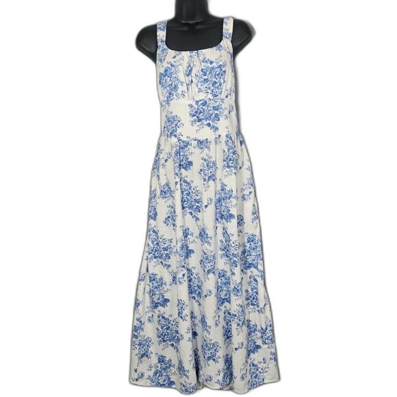Monteau L Maxi Dress Linen Blend Romantic Floral Cottage Smocked - Picture 1 of 8